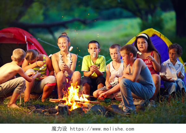 一群孩子们在参加篝火晚会群快乐的孩子烤棉花糖上篝火晚会
